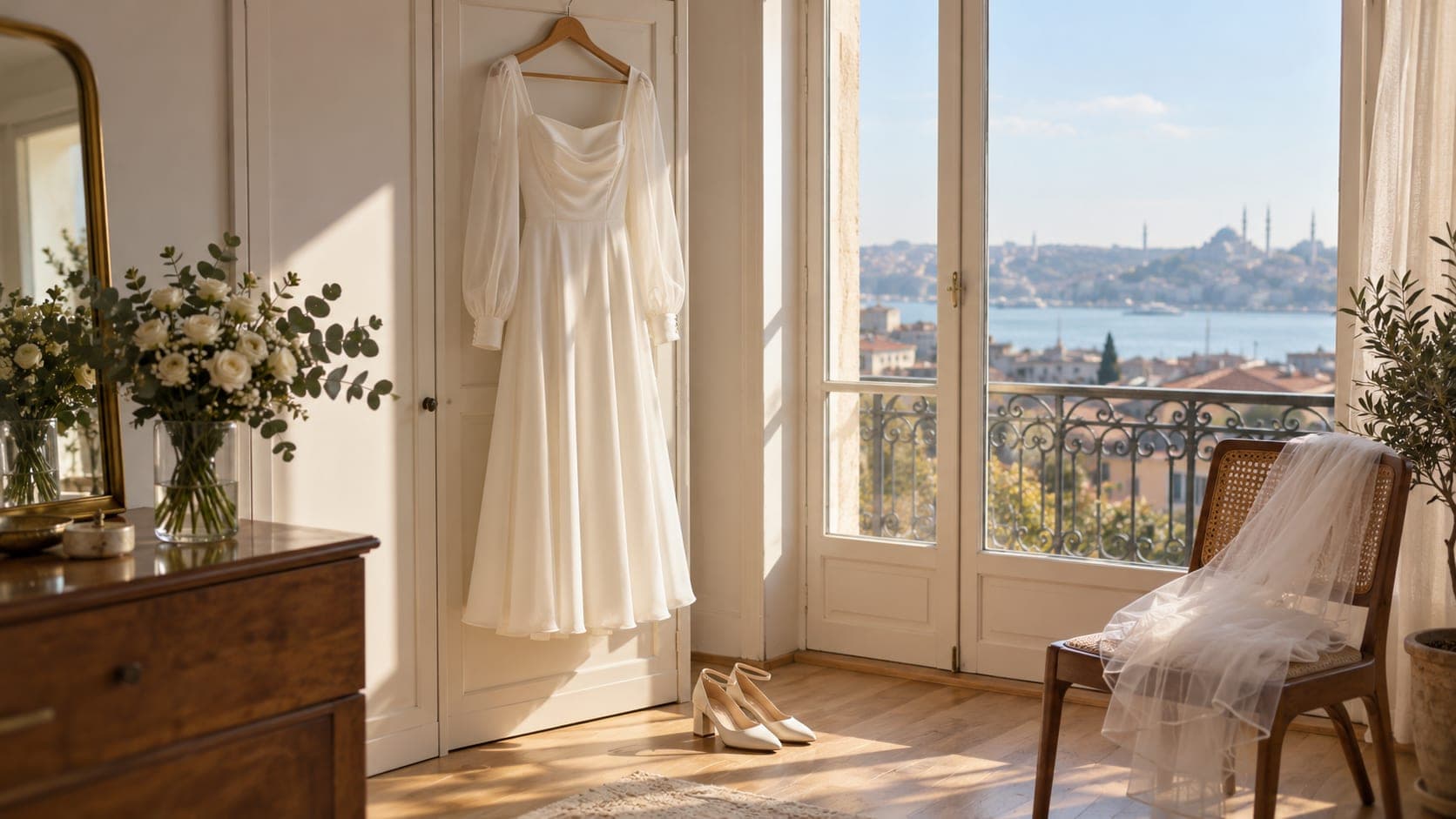 Güneşli bir odada askıda duran kırık beyaz, midi boy, uzun kollu sade bir nikah elbisesi; yanında küçük beyaz bir çiçek buketi ve krem topuklu ayakkabılar