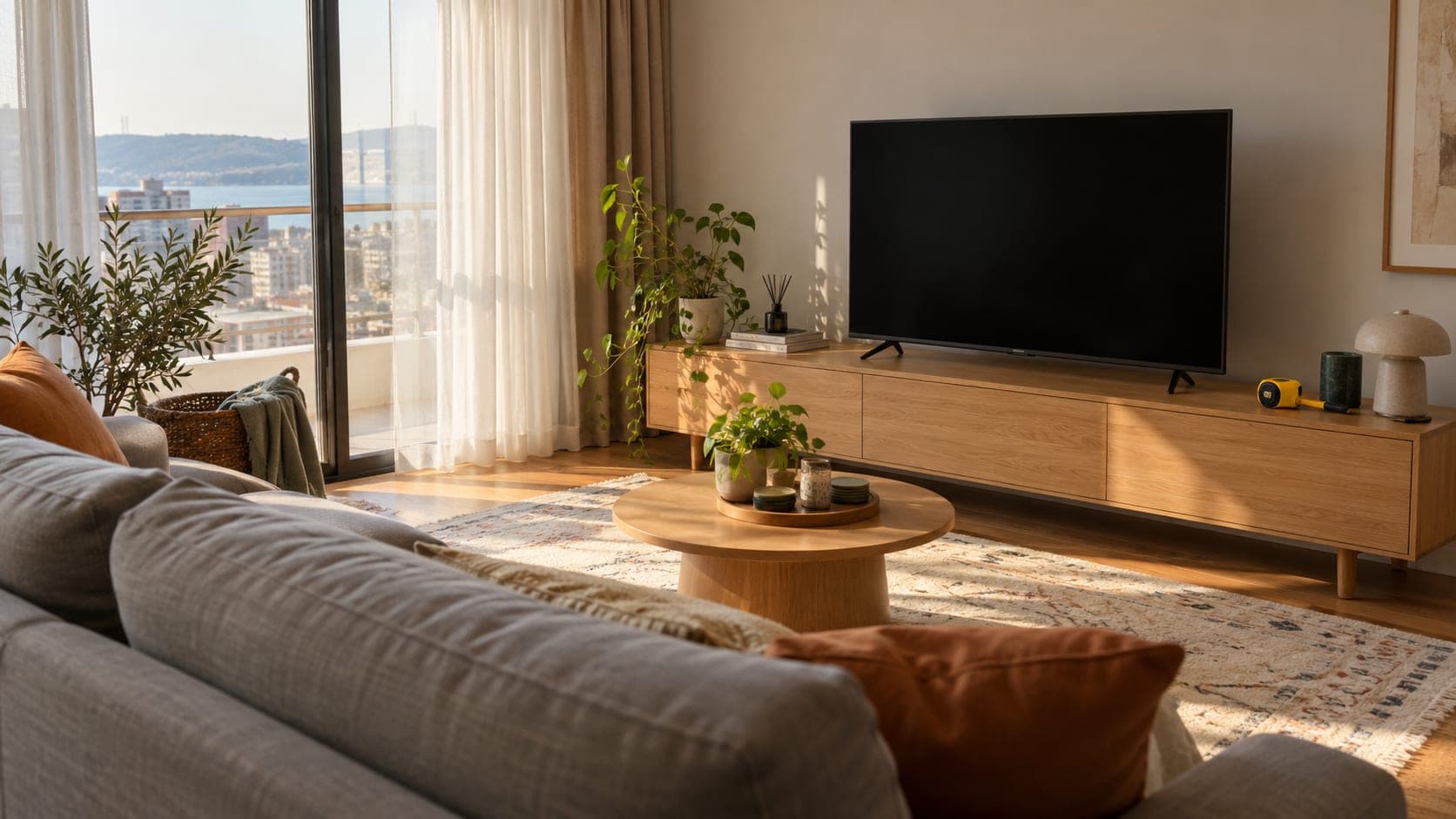 Aydınlık bir salonda geniş, açık renk ahşap televizyon ünitesinin üstünde kapalı bir televizyon, ünitenin üstünde katlanmış bir şerit metre ve karşısında gri bir kanepe