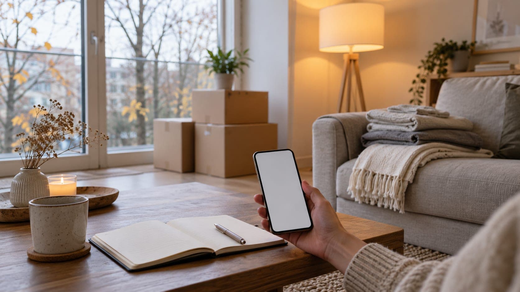 Yeni bir evin salonunda üst üste duran karton kutular, yanında katlanmış nevresim takımları ve açık bir defterle telefon tutan bir el